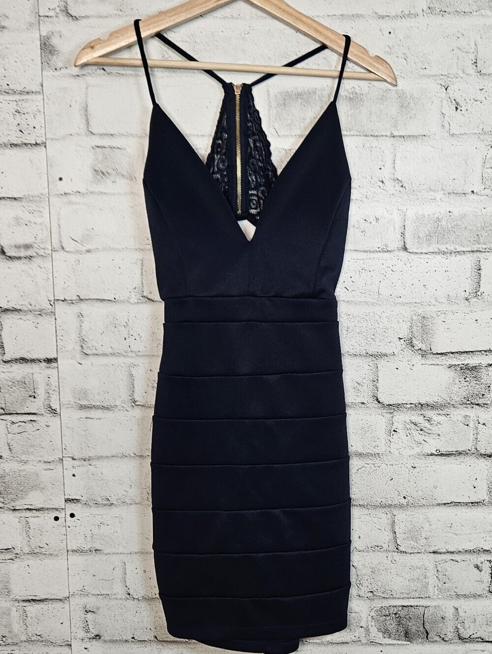 Le Chateau Navy Bodycon Mini Dress Lace Racerback Plunge Neck Medium